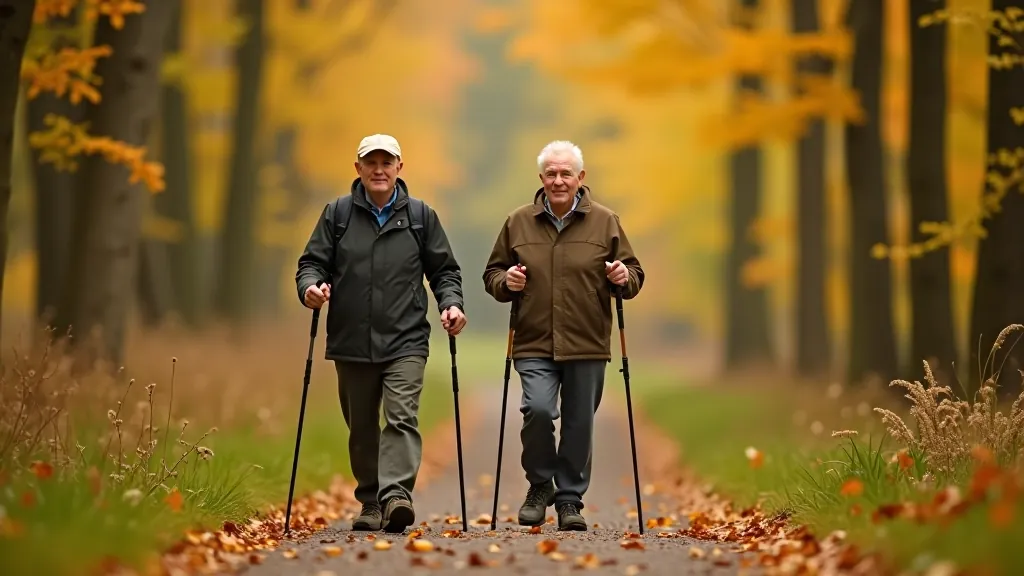 Aktīvi seniori ar pastaiga nūjām meža ceļā, rudens lapas
