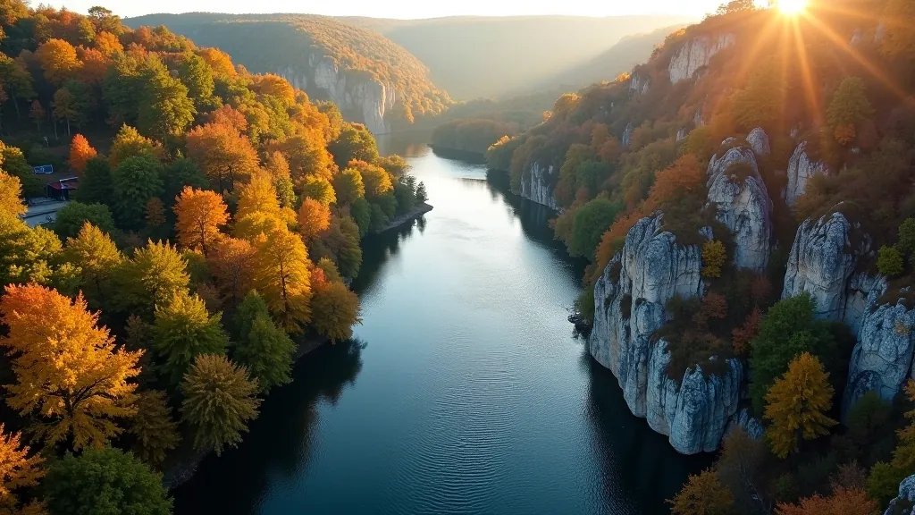 Gauja upes meandrs ar zeltainām rudens lapām un klintīm fona skats