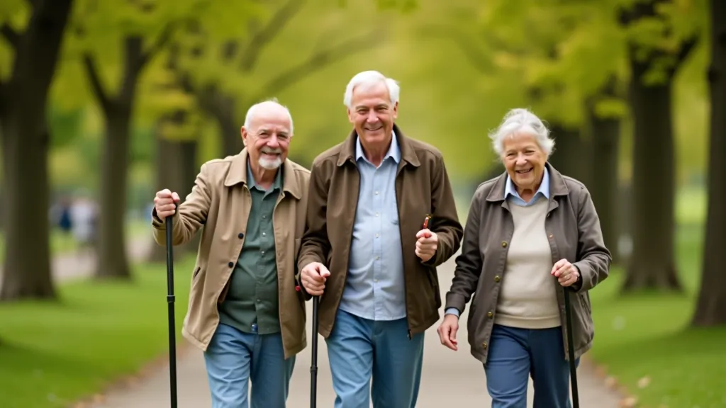 Grupa senioru ar pastaiga nūjām parka ceļā, joyful expression, sociāla aktivitāte, dabiski apgaismojums