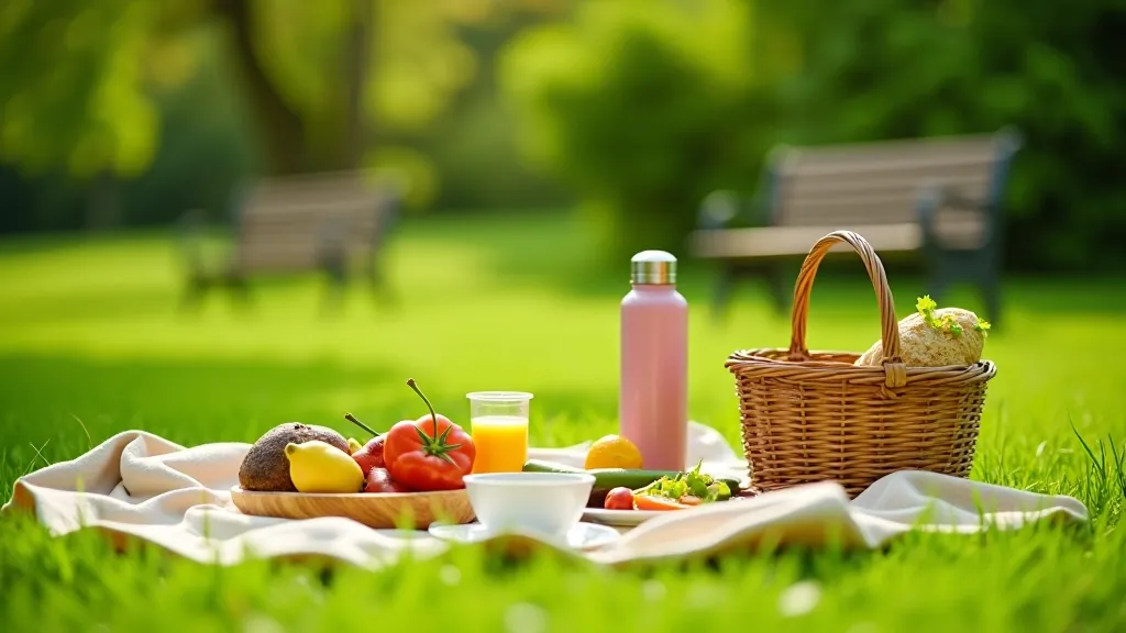 Piknika sagatavošana ārā zaļā pļavā