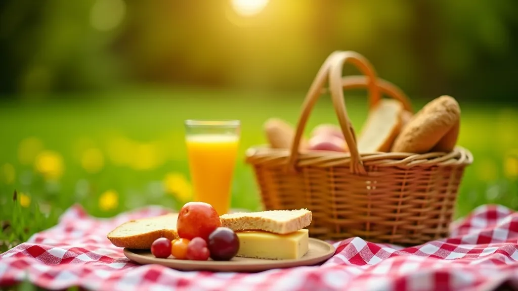 Piknika grozs ar maizes gaļu, sieru, augļiem un dzērienu pudeli uz rūtainas segas