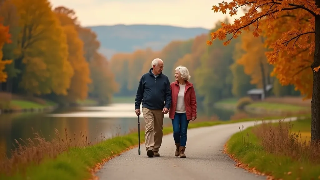 Senioru pāris pastaigā Gauja krastā ar skatiem uz upes tiltu