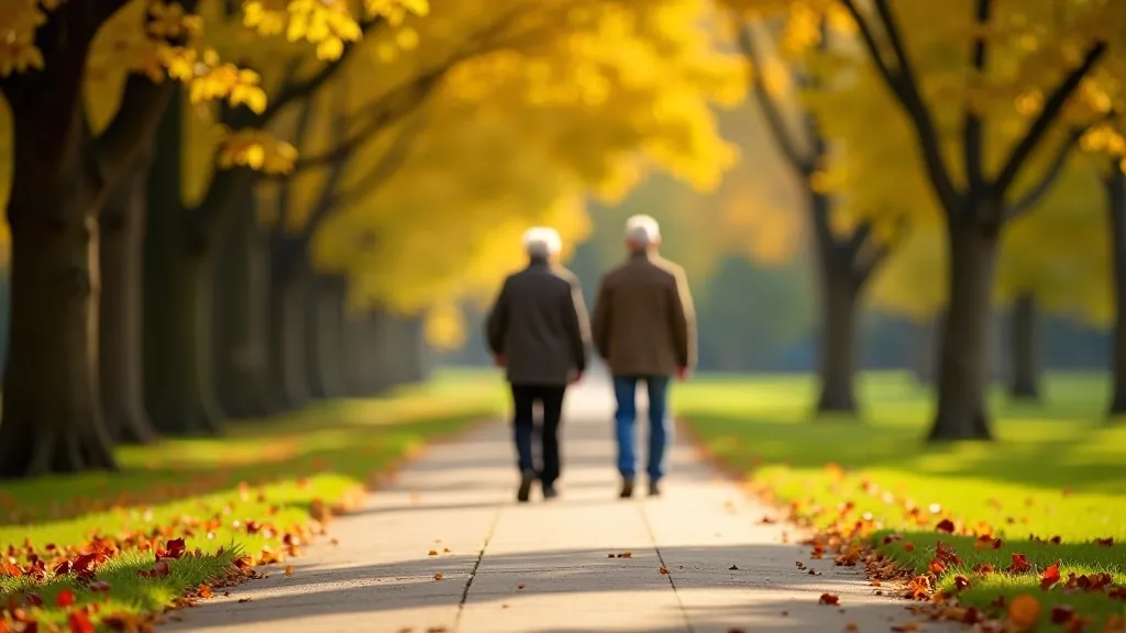 Seniori pastaigājas pa parkā brīnišķīgu asfalta ceļu, koks ēnoj ceļu, rudens lapu krāsas